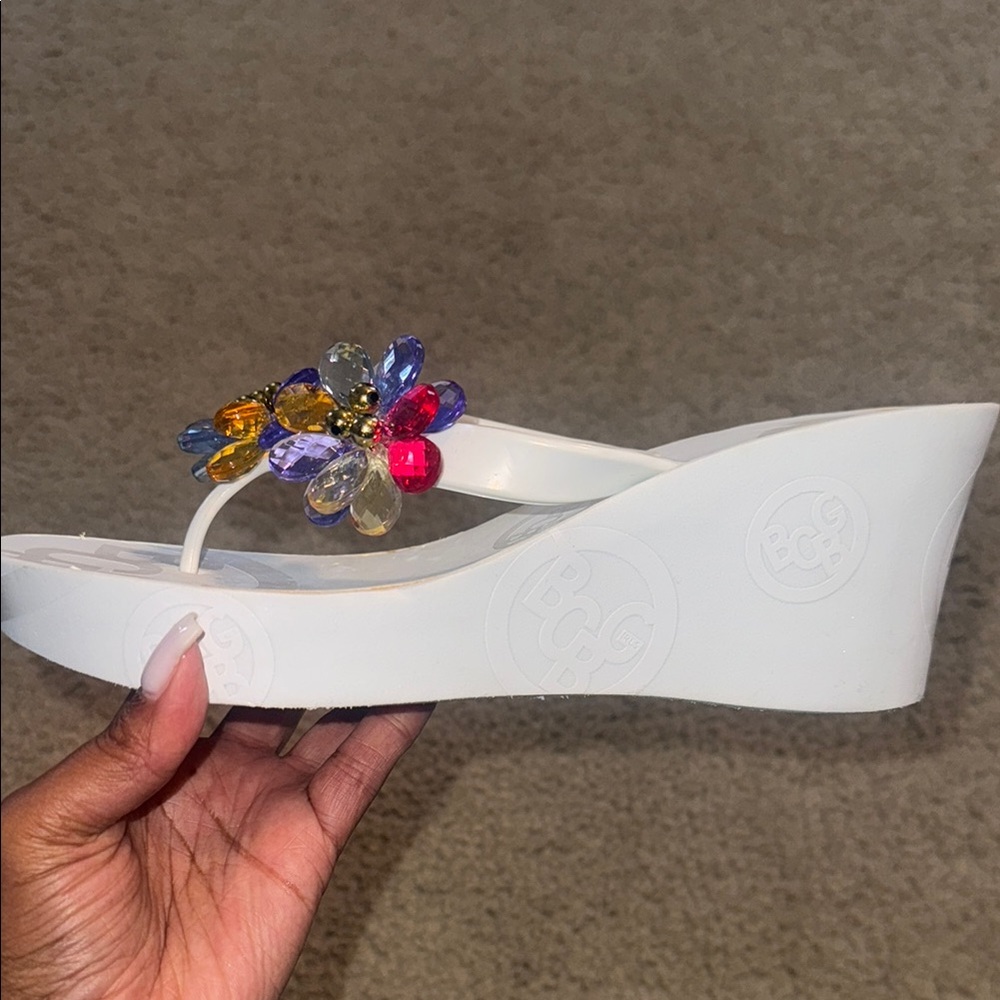 BCG White and Red Wedge Sandals with Floral Accents